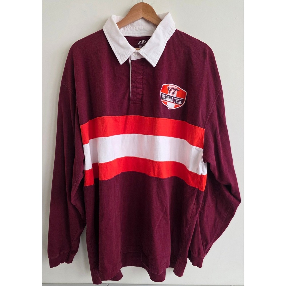 Pro Player Rugby Shirt Mens XL Maroon Virginia Tech Embroidered Striped NCAA
